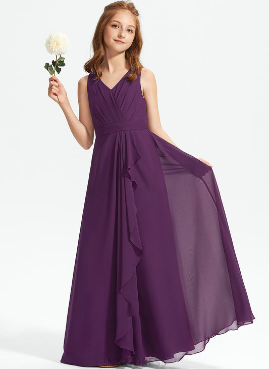 Floor-Length Chiffon Ruffles With Ayla A-Line Junior Bridesmaid Dresses V-neck