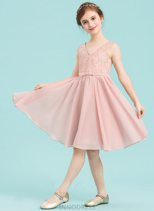 Bow(s) Knee-Length Chiffon Cecelia V-neck A-Line Junior Bridesmaid Dresses With