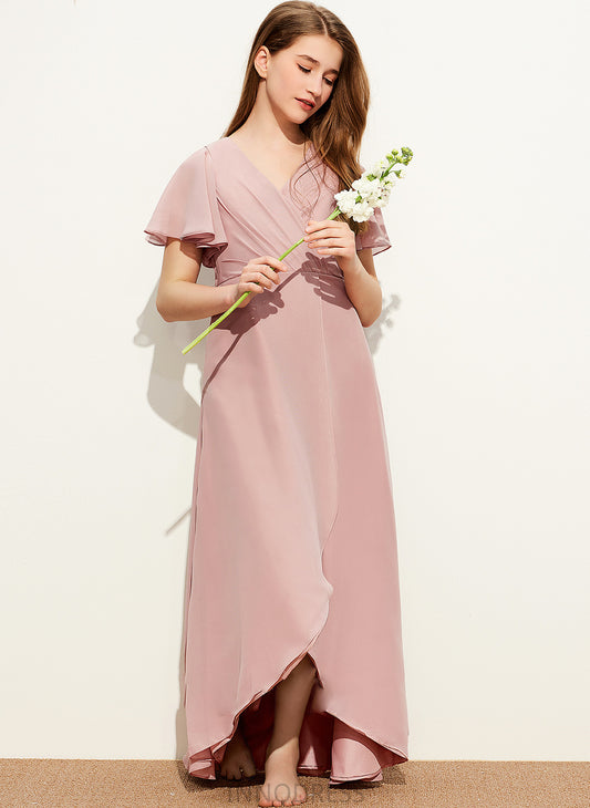 Kira A-Line Chiffon Ruffle V-neck With Junior Bridesmaid Dresses Asymmetrical