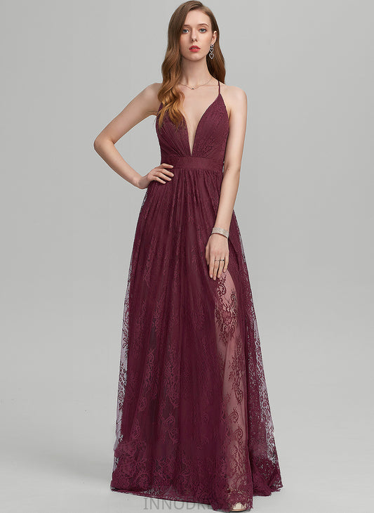 A-Line V-neck Mckayla Split Front Lace Prom Dresses With Floor-Length