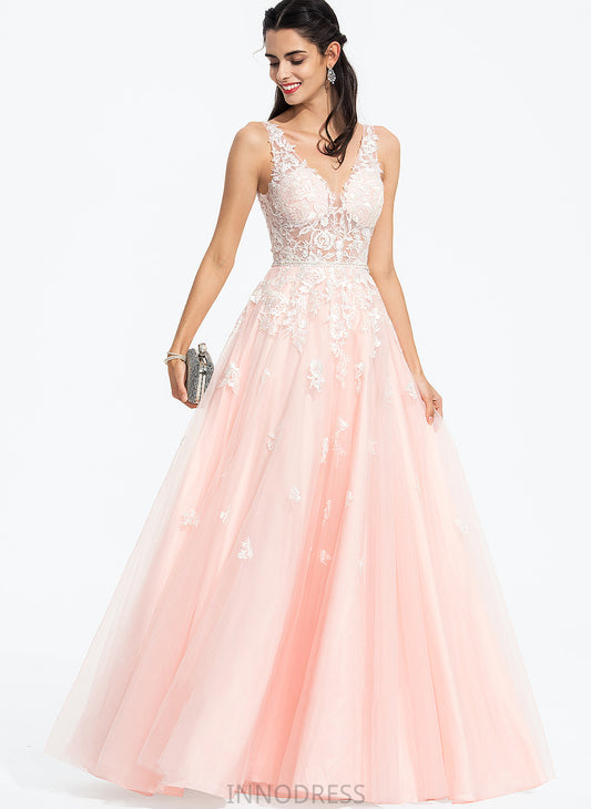 V-neck Prom Dresses Floor-Length Tulle With Beading Marlie Sequins Ball-Gown/Princess