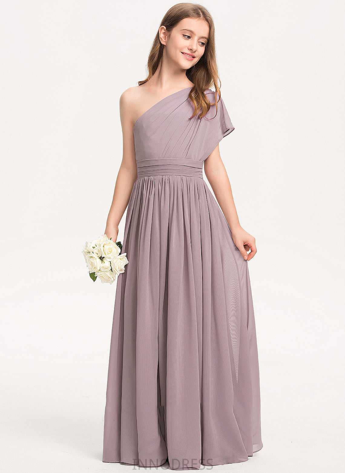 A-Line Floor-Length Brynlee With Ruffle Chiffon Junior Bridesmaid Dresses One-Shoulder