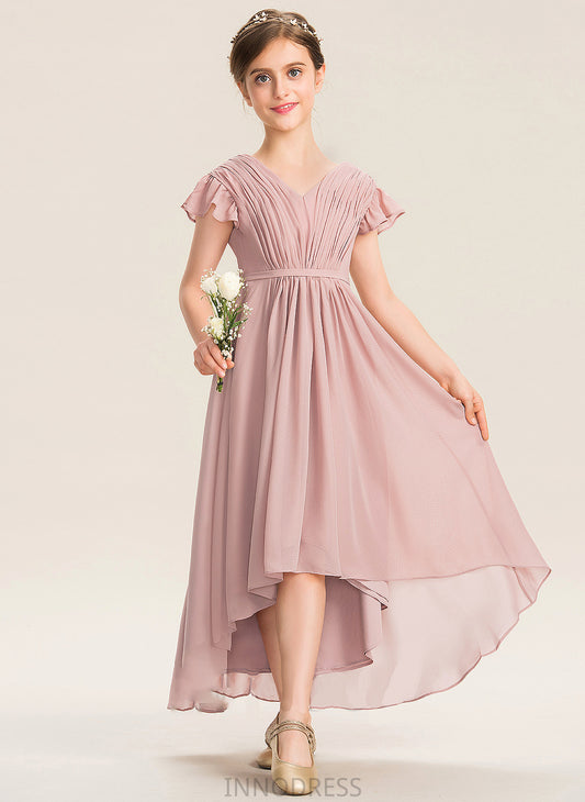 Ruffles Cascading Bow(s) With Chiffon A-Line Asymmetrical V-neck Junior Bridesmaid Dresses Cailyn