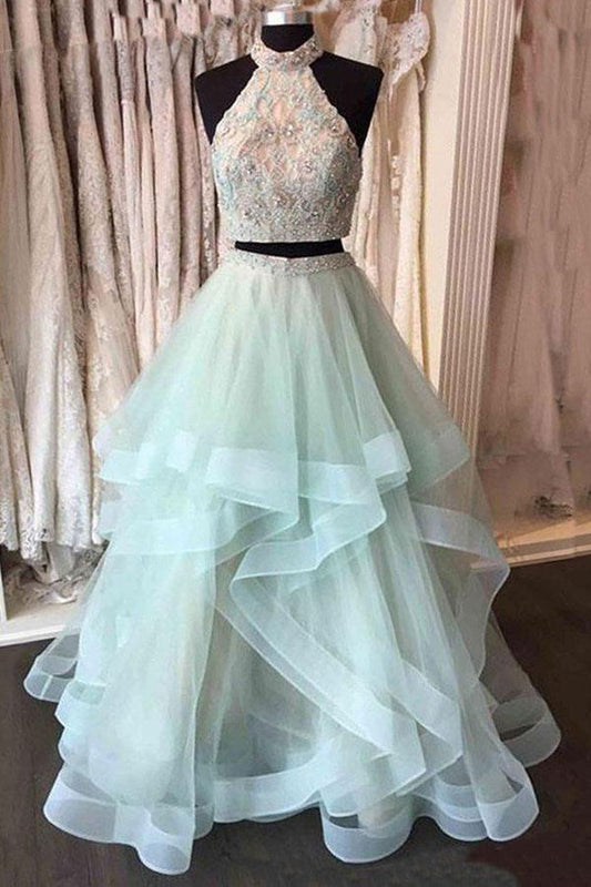 Two Piece A Line Floor Length Halter Sleeveless Appliques Princess Prom Dresses