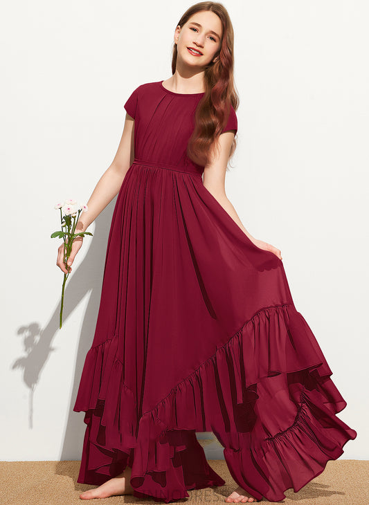 Floor-Length Shelby With Junior Bridesmaid Dresses Neck Lace Appliques Bow(s) A-Line Scoop Chiffon Ruffles Cascading