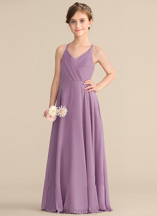 Floor-Length Cascading With Junior Bridesmaid Dresses Chiffon Nathaly V-neck A-Line Ruffles