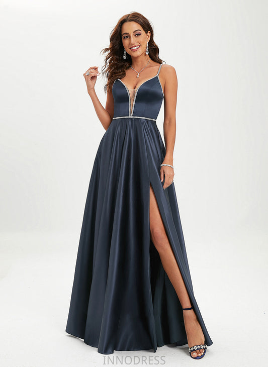 Satin Beading Floor-Length V-neck Payten With Sequins Prom Dresses Ball-Gown/Princess