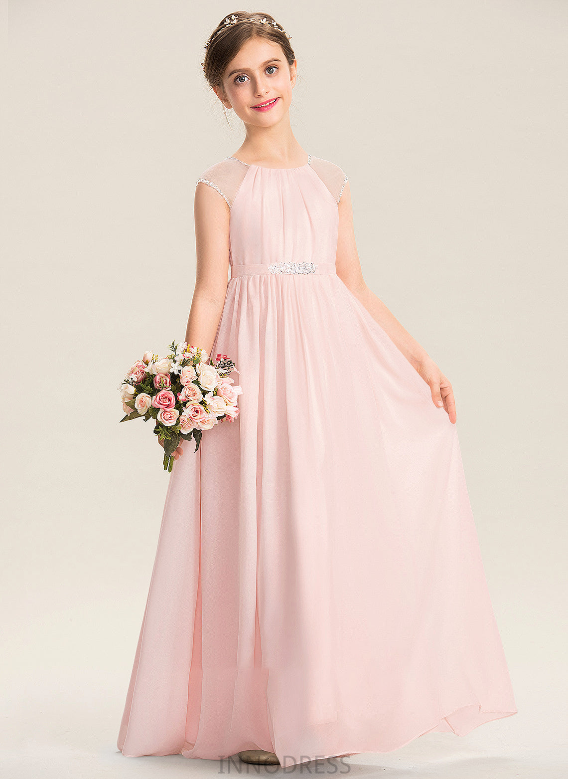 Beading A-Line Floor-Length Chiffon Neck Sequins Scoop Junior Bridesmaid Dresses Krystal With