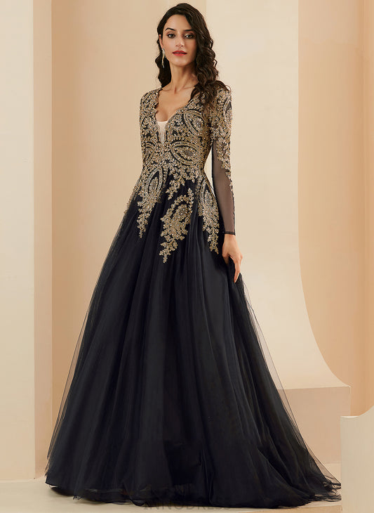 Train Sequins Tulle Lace Ball-Gown/Princess V-neck Prom Dresses With Josephine Sweep