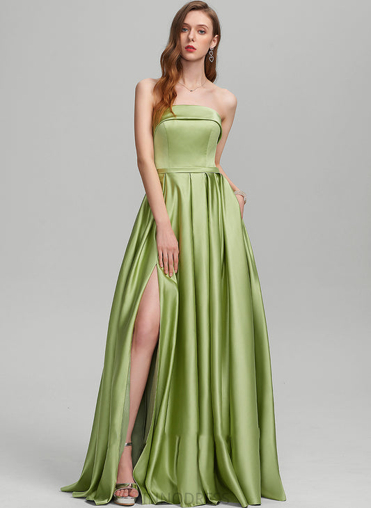 Ball-Gown/Princess Split Yasmin Prom Dresses Satin With Front Pockets Strapless Floor-Length