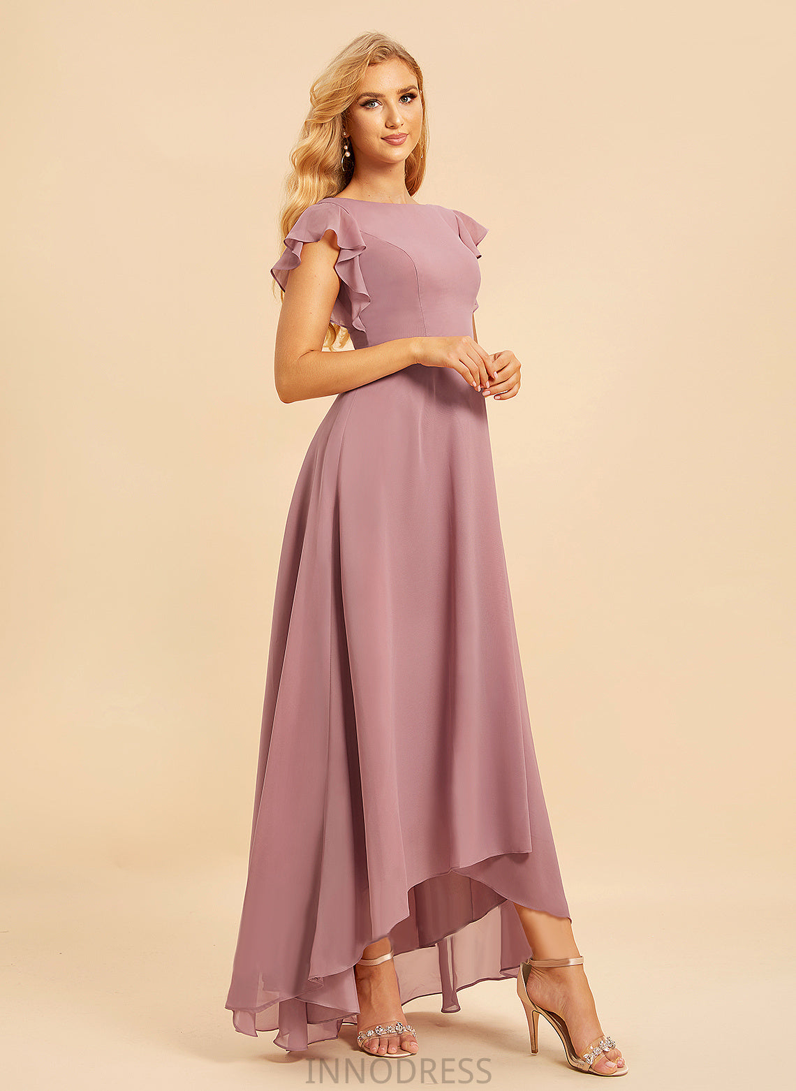 Asymmetrical Embellishment Ruffle Neckline ScoopNeck Silhouette A-Line Length Fabric Bailey Spaghetti Staps Natural Waist Bridesmaid Dresses