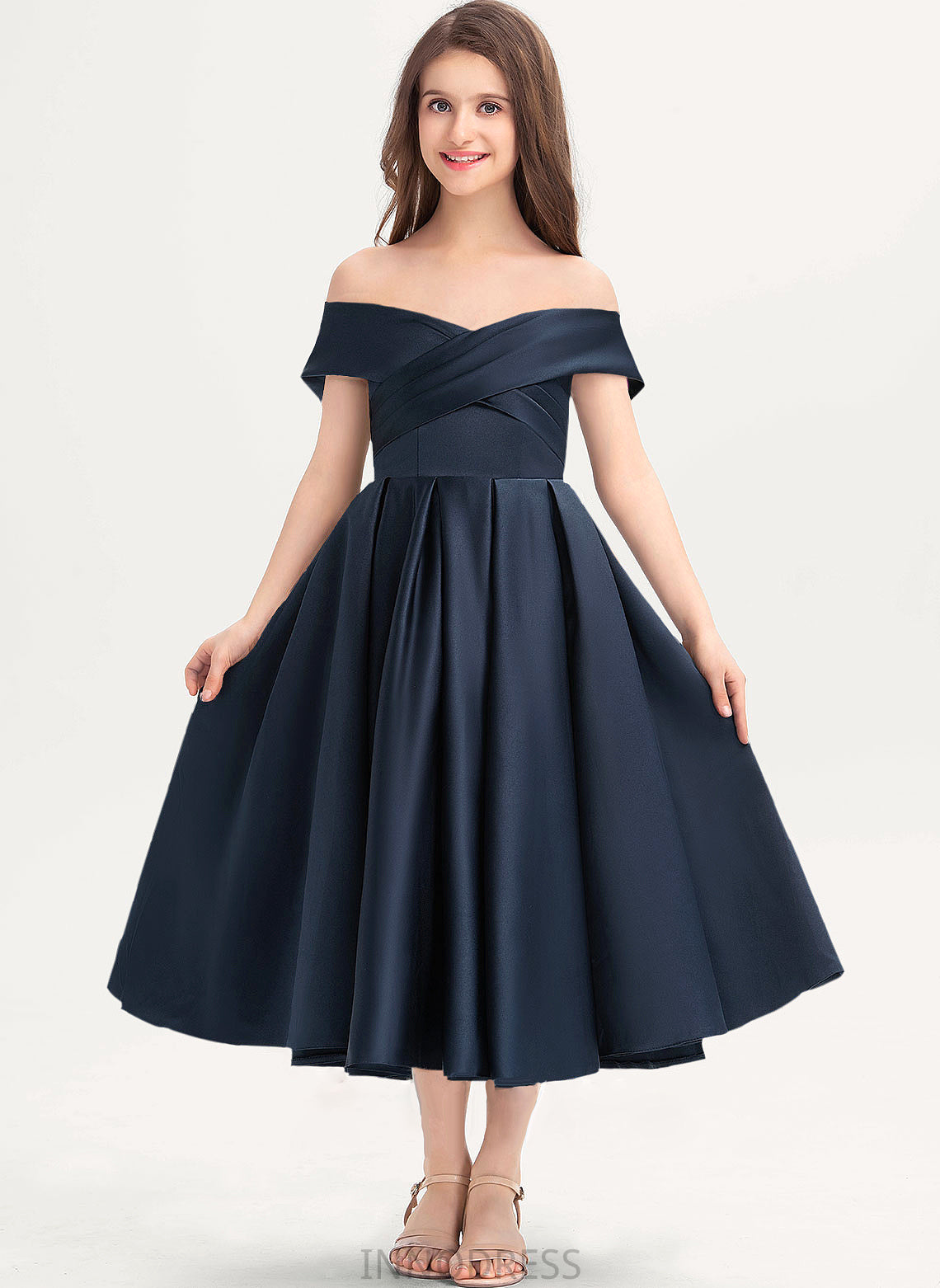 Jazlene Tea-Length Ruffle Junior Bridesmaid Dresses Satin A-Line With Off-the-Shoulder Pockets