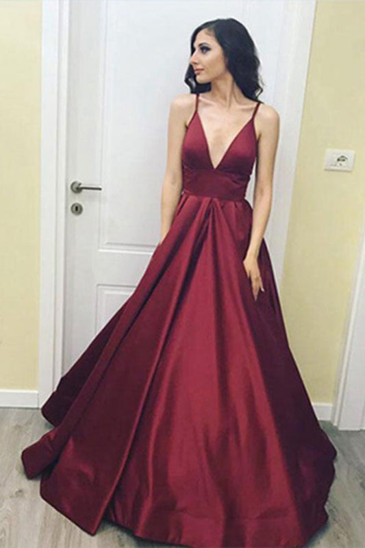 Burgundy A Line Floor Length Deep V Neck Spaghetti Sleeveless Prom Dresses