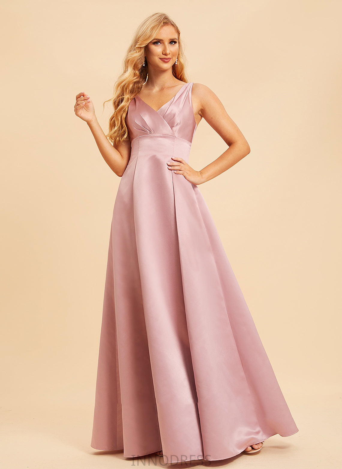 Satin Floor-Length Fabric Straps Length V-neck Neckline A-Line Silhouette Ashley A-Line/Princess Knee Length Bridesmaid Dresses