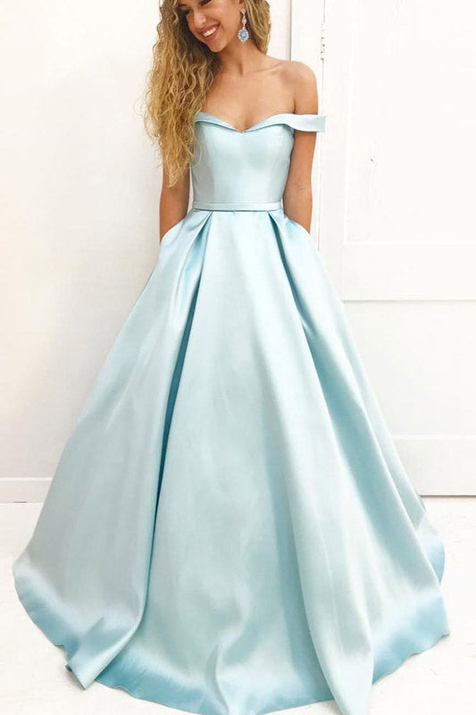 Light Blue A Line Brush Train Off Shoulder Sleeveless Prom Dresses