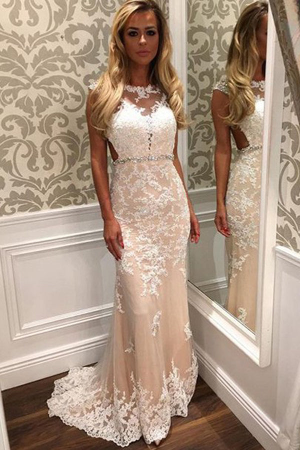 Peach Sheath Sweep Train Sleeveless Backless Lace Appliques Prom Dresses