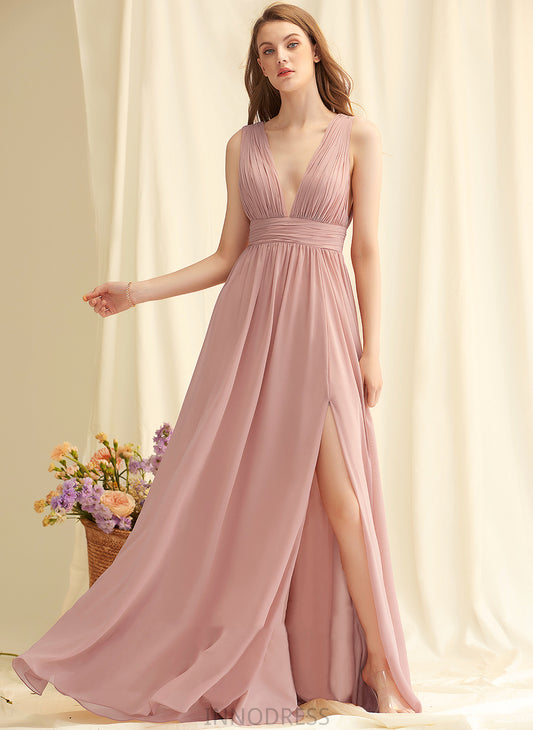 Silhouette Length Floor-Length A-Line Fabric SplitFront Neckline V-neck Embellishment Karissa Natural Waist Sheath/Column Bridesmaid Dresses