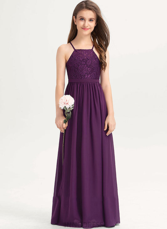 A-Line Chiffon Lace Raven With Floor-Length Square Junior Bridesmaid Dresses Neckline Bow(s)