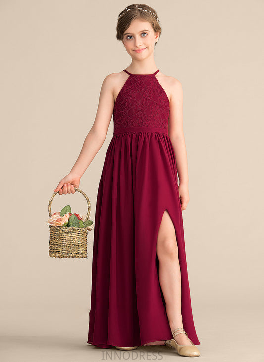 Front Floor-Length Split Chiffon Junior Bridesmaid Dresses Lace Neck With A-Line Amber Scoop