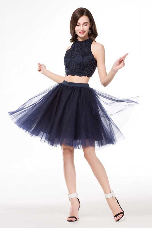 Navy Blue Two Piece Halter Sleeveless Beading Short Homecoming Dresses