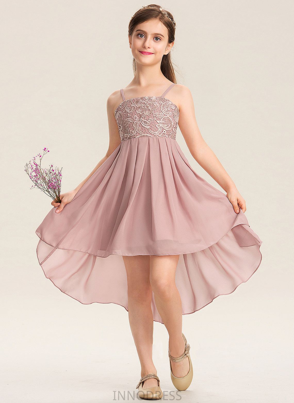 Square Lace A-Line Junior Bridesmaid Dresses Lucia Chiffon Asymmetrical Neckline