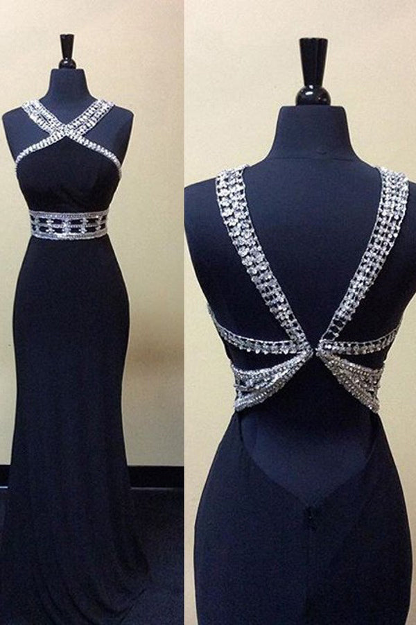 Dark Navy Floor Length Long Beading Prom Dresses