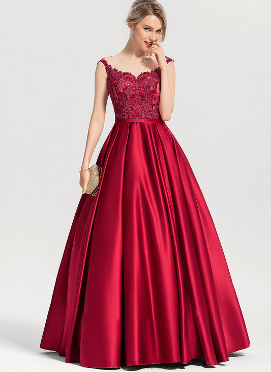 Floor-Length Diamond Sequins Ball-Gown/Princess Scoop With Neck Satin Prom Dresses