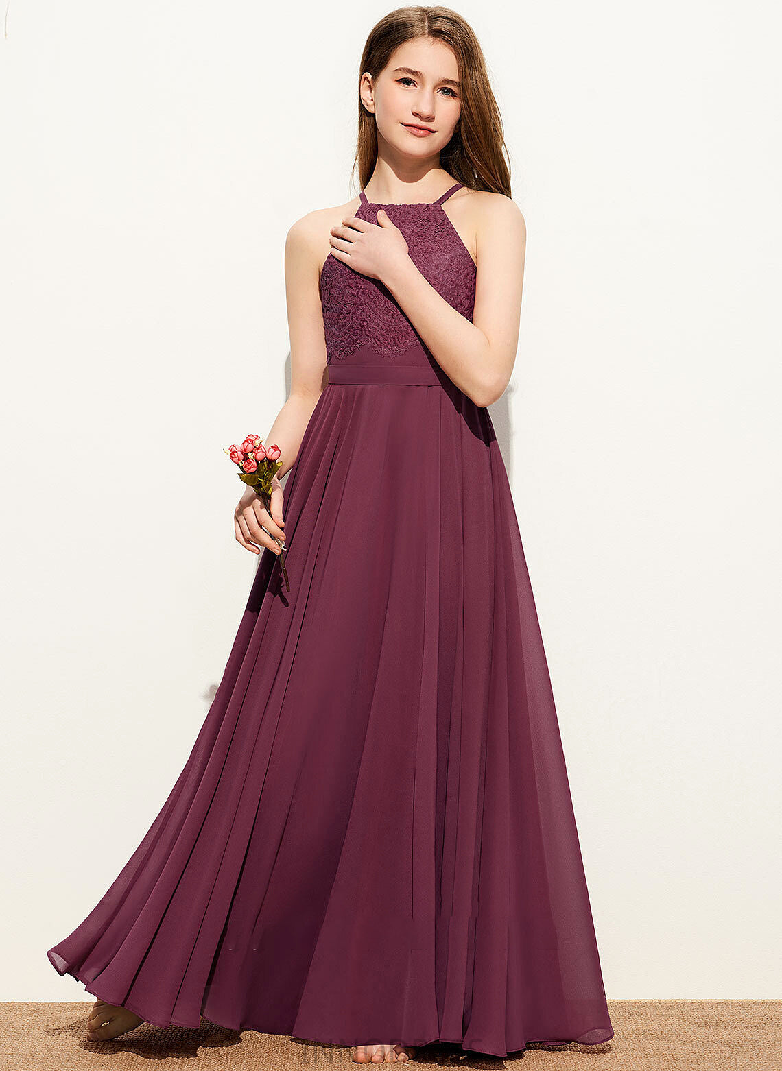 A-Line Neckline Floor-Length Square Melany Lace Junior Bridesmaid Dresses Chiffon