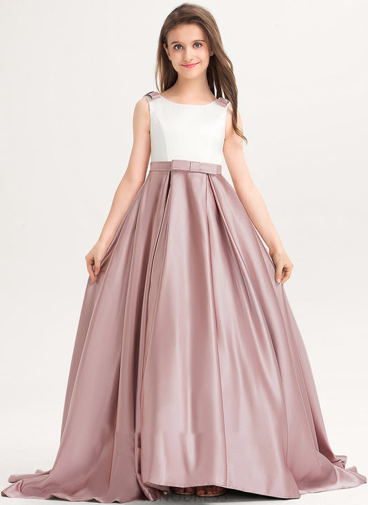 Satin With Mira Neck Scoop Bow(s) Ball-Gown/Princess Train Junior Bridesmaid Dresses Sweep Pockets