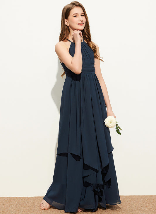 Caroline With Scoop Chiffon A-Line Cascading Neck Ruffles Junior Bridesmaid Dresses Floor-Length