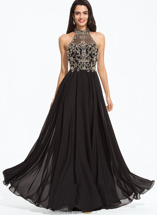 Christina High Sequins Floor-Length Prom Dresses A-Line Beading With Neck Chiffon