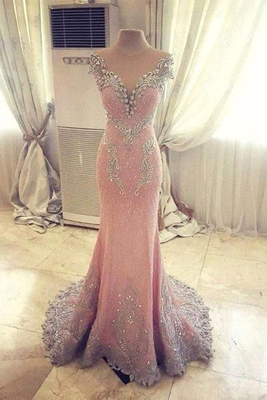 Pink Sheath Court Train Capped Sleeve Sheer Back Beading Prom Dresses