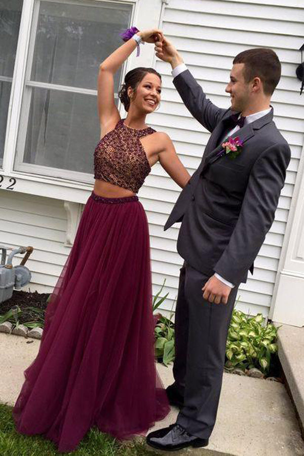 Burgundy Two Piece A Line Sweep Train Halter Sleevless Beading Prom Dresses