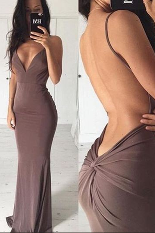 Sexy Sheath Sweep Train Deep V Neck Sleeveless Backless Long Prom Dresses