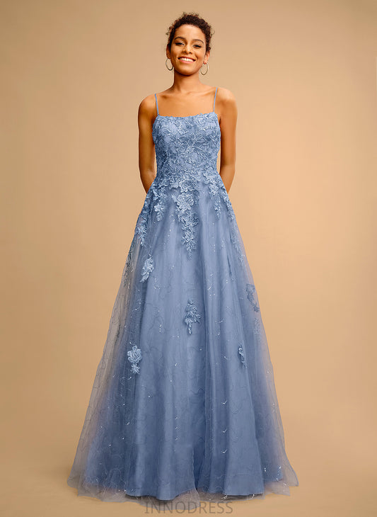 Sequins Aliana Split Tulle Front Square Ball-Gown/Princess Prom Dresses Floor-Length With Neckline