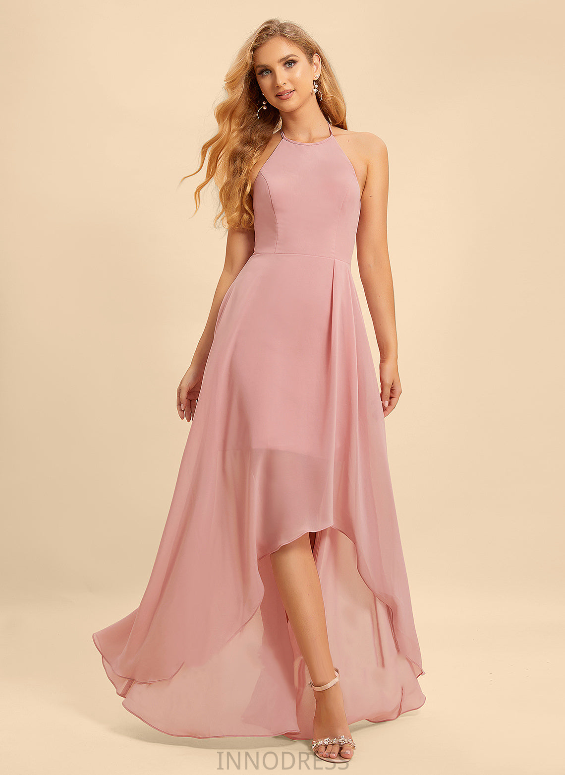 A-Line Neckline Halter Fabric Embellishment Silhouette Asymmetrical Ruffle Length Kay Natural Waist Scoop Bridesmaid Dresses