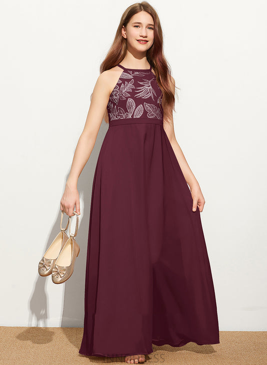 A-Line Chiffon Junior Bridesmaid Dresses Floor-Length Lace Scoop Bow(s) Neck With Iris