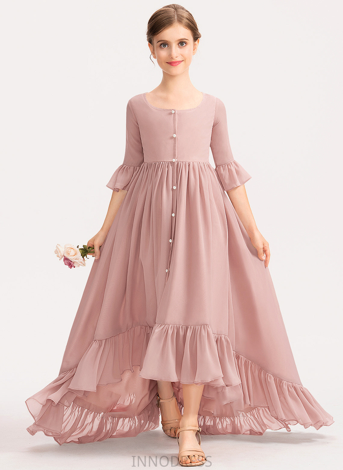 Chiffon Cascading Ruffles Junior Bridesmaid Dresses Holly Scoop With Bow(s) Asymmetrical Neck A-Line