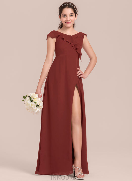 Floor-Length V-neck Chiffon With Cascading Junior Bridesmaid Dresses Ruffles Front A-Line Madilynn Split