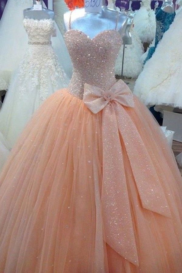 Pink Ball Gown Floor Length Sweetheart Spaghetti Beading Long Prom Dresses