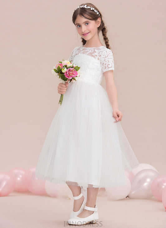 Scoop Junior Bridesmaid Dresses A-Line Tulle Nathaly Neck Tea-Length