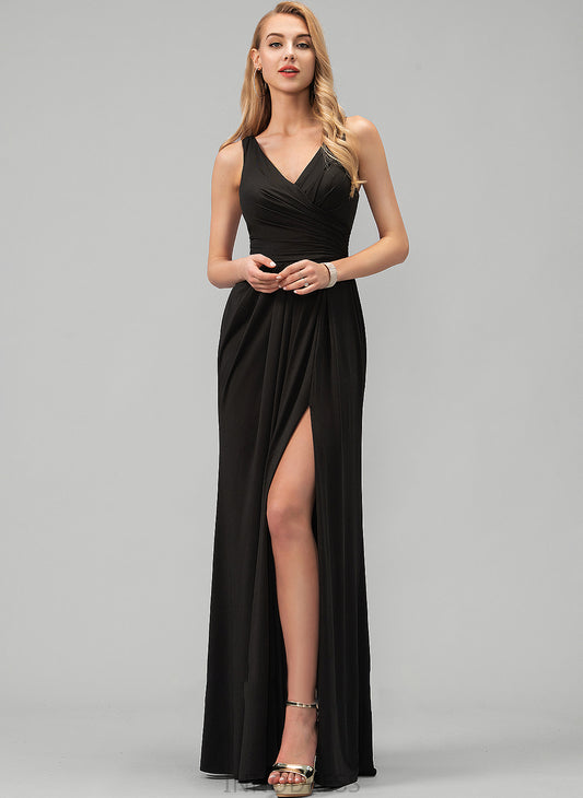 Front Ruffle Split Jersey Ximena With A-Line Floor-Length Prom Dresses V-neck