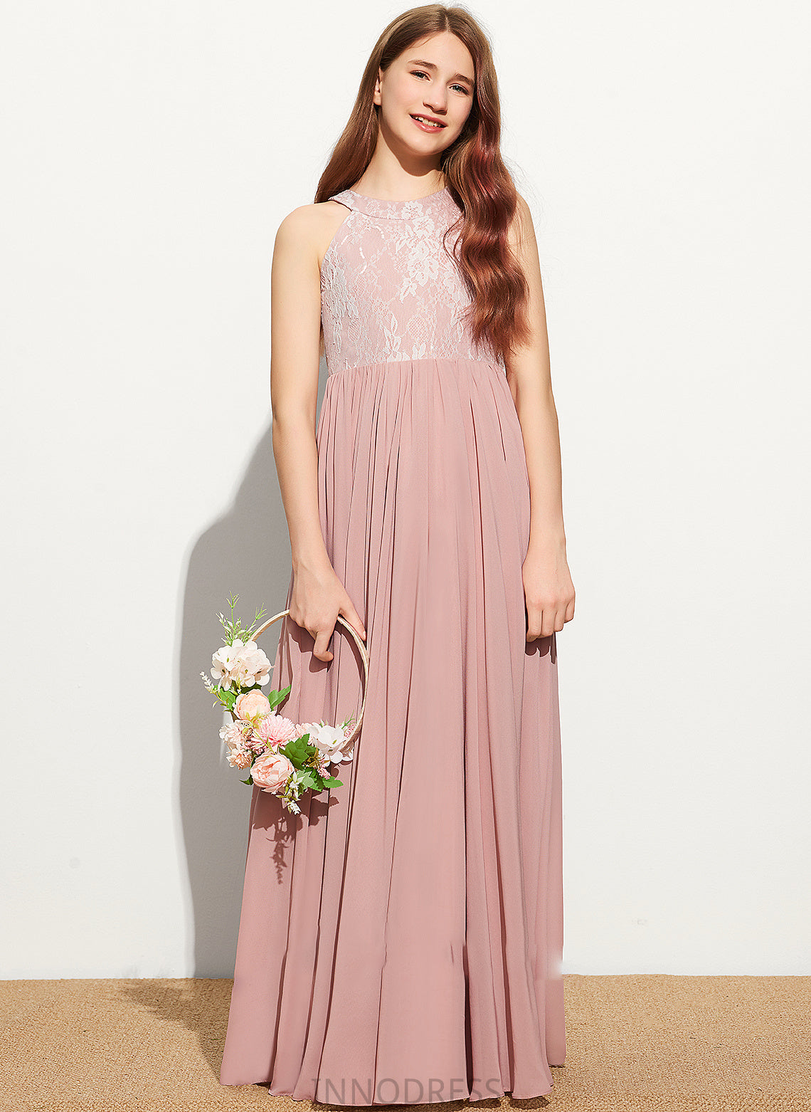 Neck Sequins Scoop Chiffon With Floor-Length Elsie Lace A-Line Junior Bridesmaid Dresses