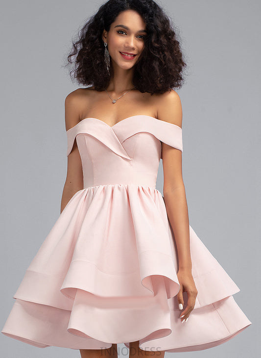 Crepe A-Line Ruffles Kendra Off-the-Shoulder With Cascading Prom Dresses Stretch Short/Mini