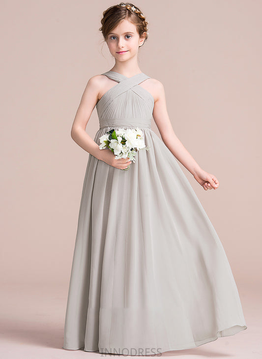 V-neck Ruffle A-Line Amelia With Chiffon Floor-Length Bow(s) Junior Bridesmaid Dresses