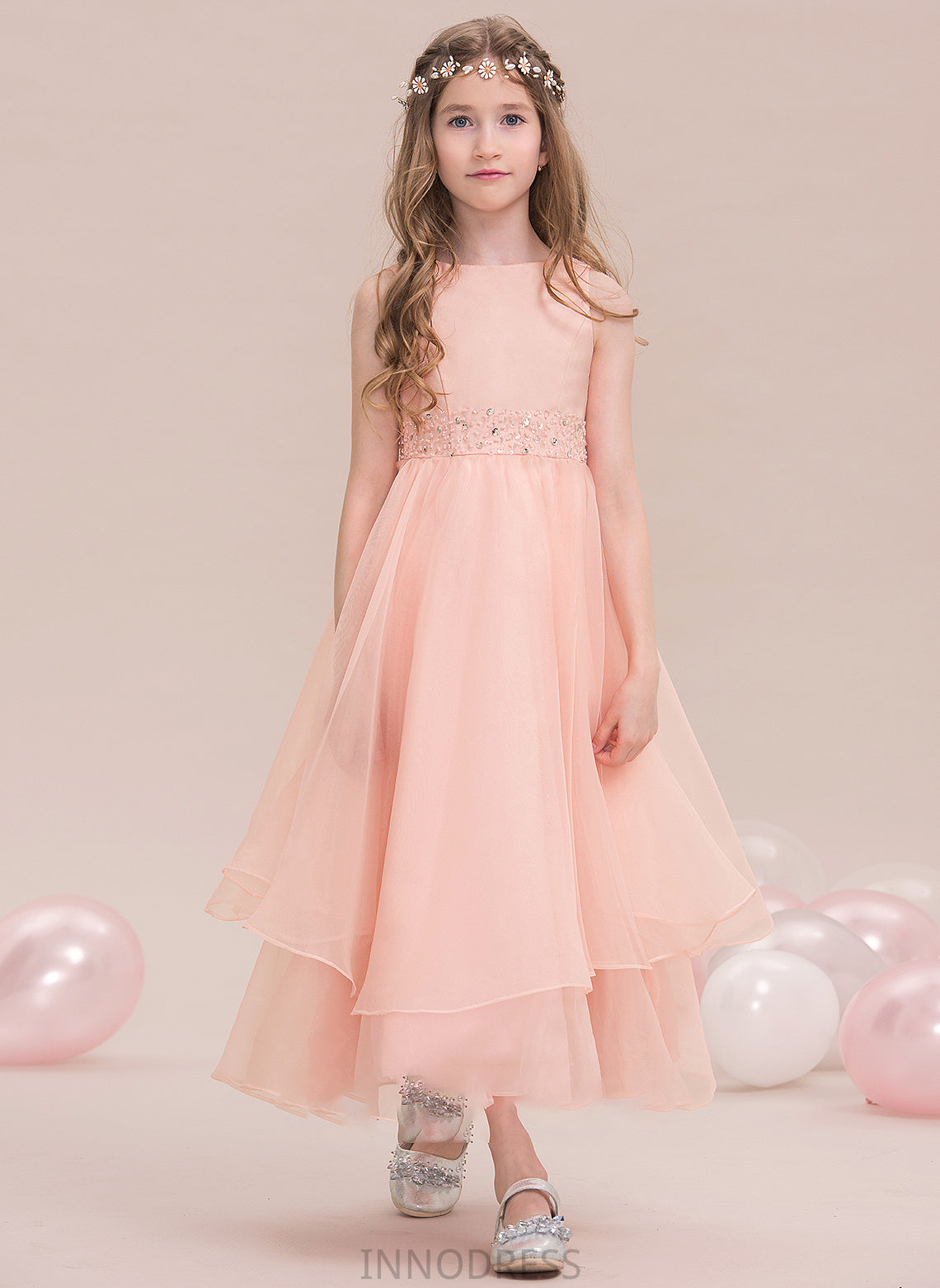 Sequins A-Line With Neck Organza Junior Bridesmaid Dresses Scoop Ankle-Length Kara Beading