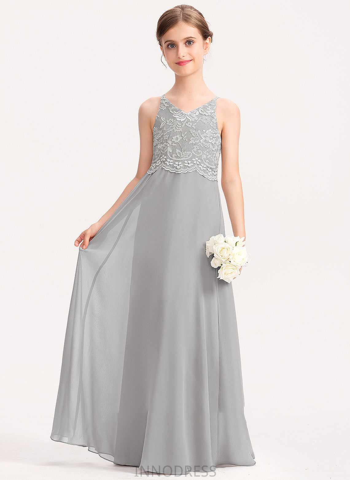 Floor-Length A-Line V-neck Junior Bridesmaid Dresses Lace Chiffon Rebecca