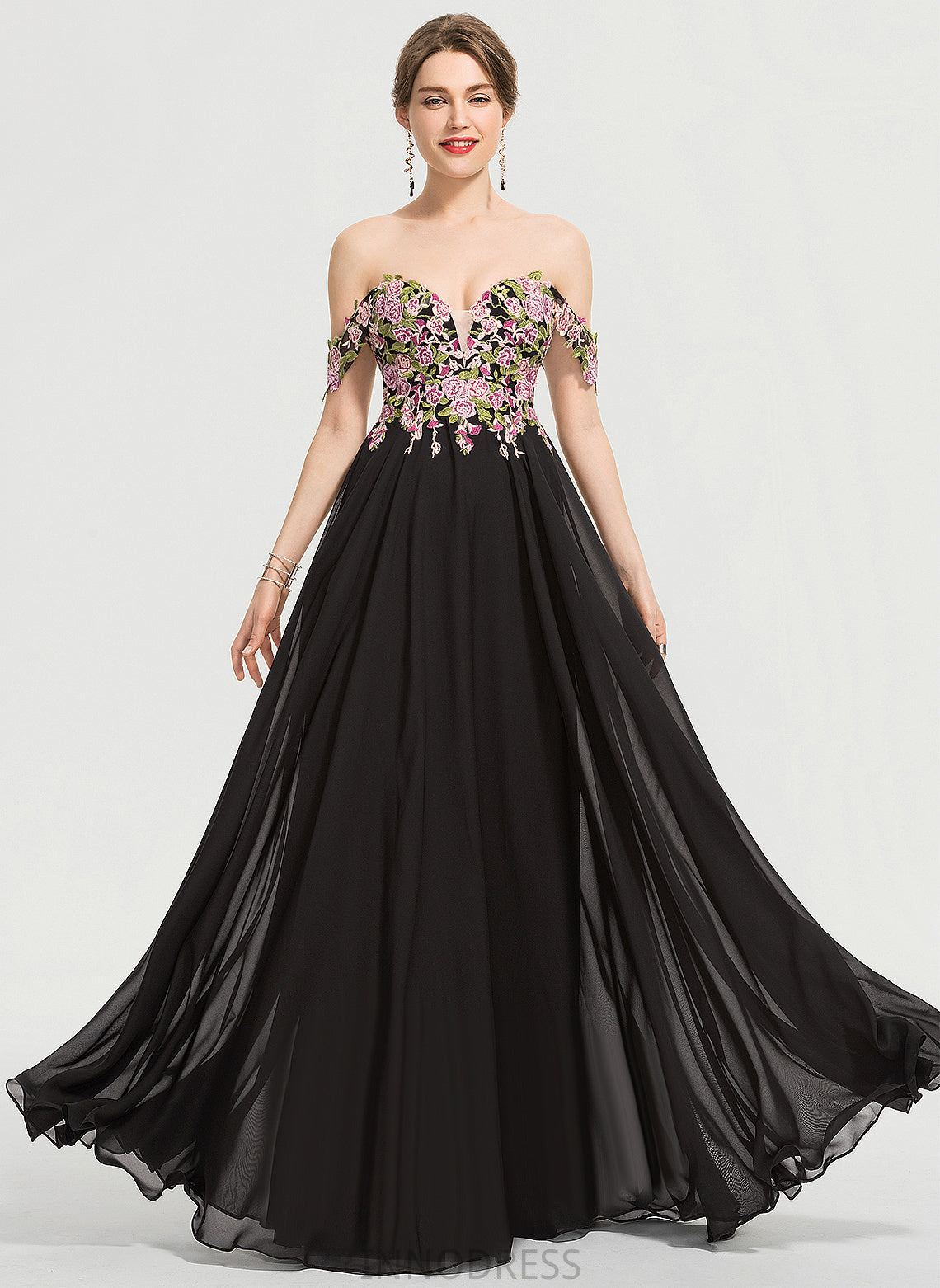 Ball-Gown/Princess Lace Prom Dresses Johanna Chiffon Off-the-Shoulder Floor-Length