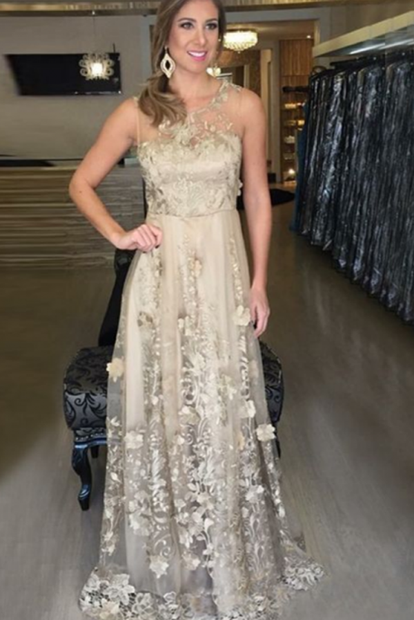 Gold A Line Floor Length Sheer Neck Sleeveless Zipper Back Prom Dresses