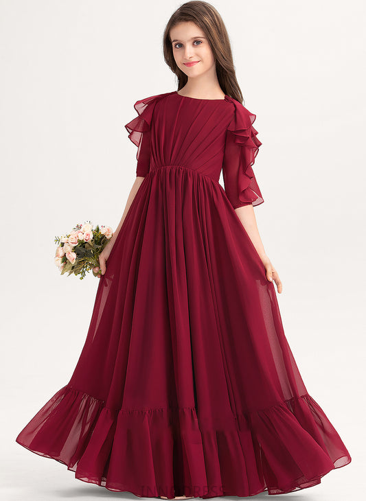 Floor-Length Neck With A-Line Junior Bridesmaid Dresses Cascading Autumn Chiffon Ruffles Scoop